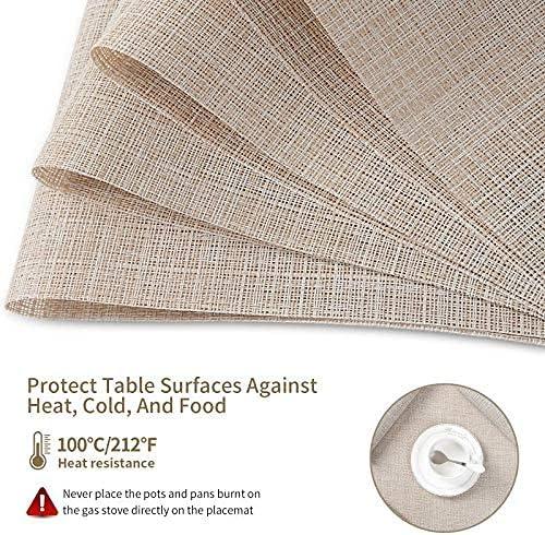 Set of 8 Heat-Resistant Placemats Stain Resistant Anti-Skid Placemats for Kitchen Table, Washable Durable PVC Table Mats Woven Vinyl Placemats Beige