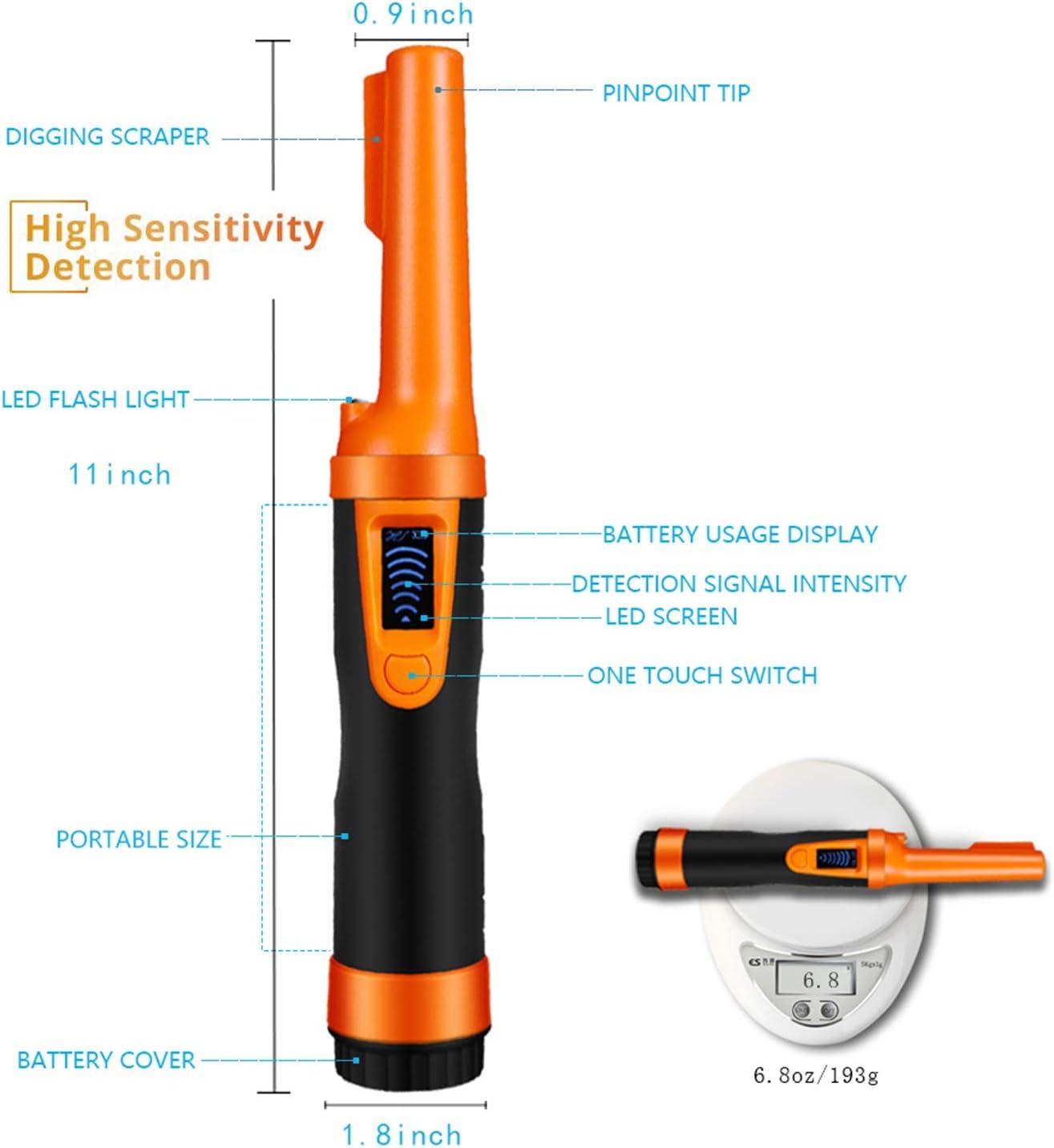 LCD Display Fully Waterproof Pinpoint Metal Detector Pinpointer - (Three Mode) 360°Search Treasure Pinpointing Finder Probe with Belt Holster Accessories for Adults and Kids,Hs10 Orange Color