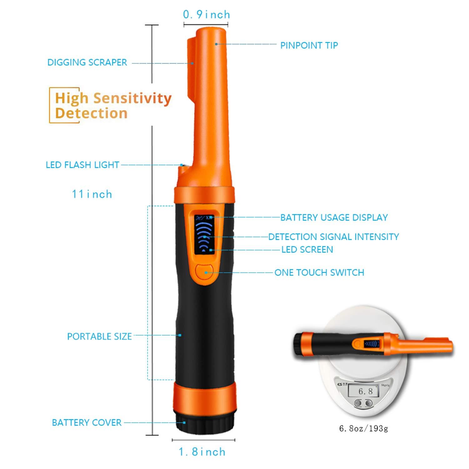 LCD Display Fully Waterproof Pinpoint Metal Detector Pinpointer - (Three Mode) 360°Search Treasure Pinpointing Finder Probe with Belt Holster Accessories for Adults and Kids,Hs10 Orange Color