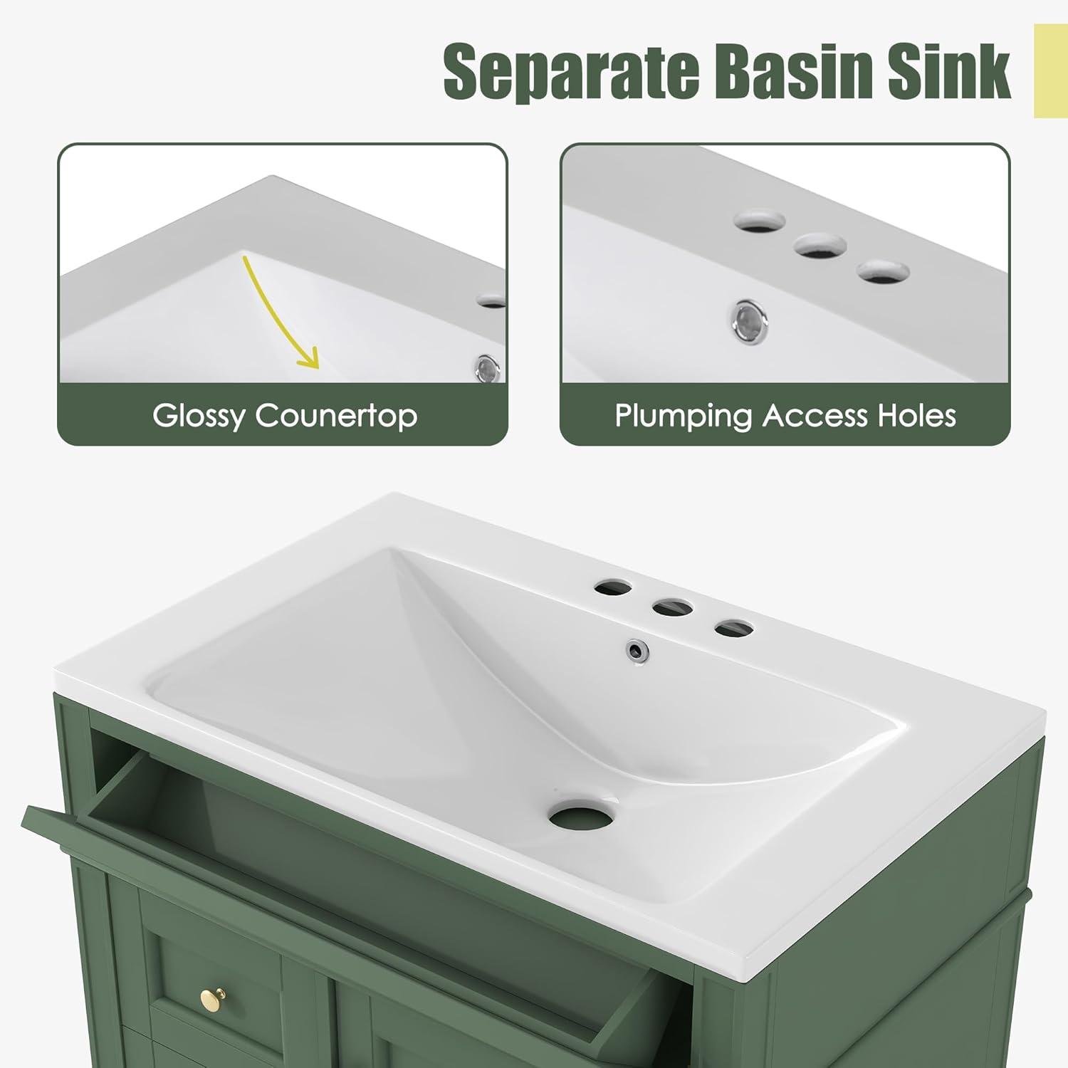 30 inch Bathroom Vanity with Top Sink, Modern Bathroom Storage Cabinet with 2 Drawers and a Tip-out Drawer, Freestanding Single Sink Bathroom Vanity, Green