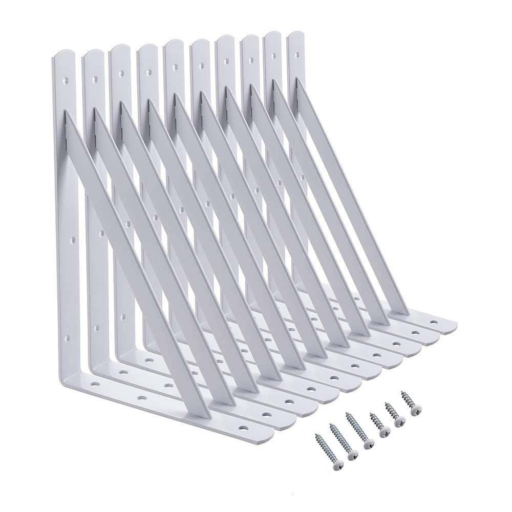 HOME MASTER HARDWARE 12 x 8 inch Heavy Duty Shelf Brackets, Load Capacity: 600lb, 10-Pack White Metal L Supports for Wall Mounted Wood Shelving, Shelves Bracket with Screws