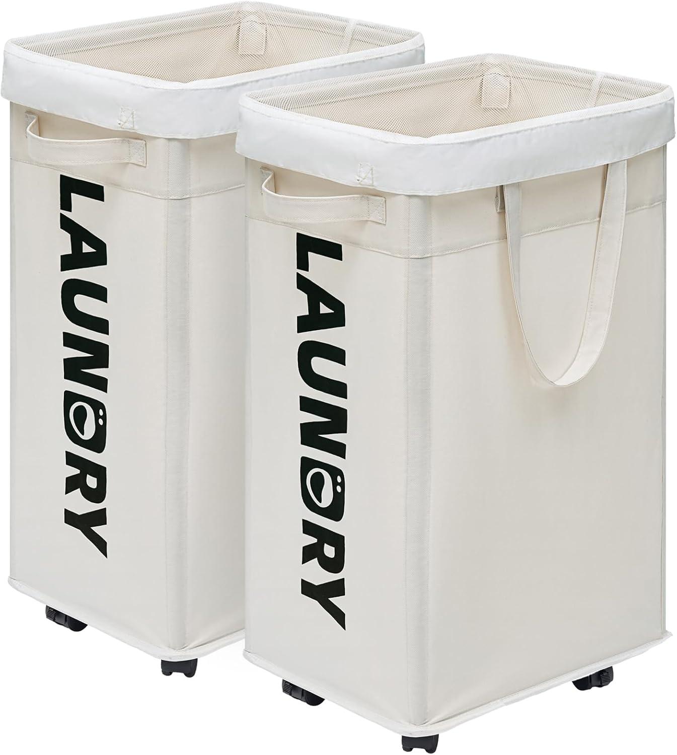 CHICVITA 2-Pack Laundry Baskets with Wheels and Handle,75L Collapsible Clothes Basket with Removable Wash Bags for Dorms and Corners, White Rolling Laundry Hamper