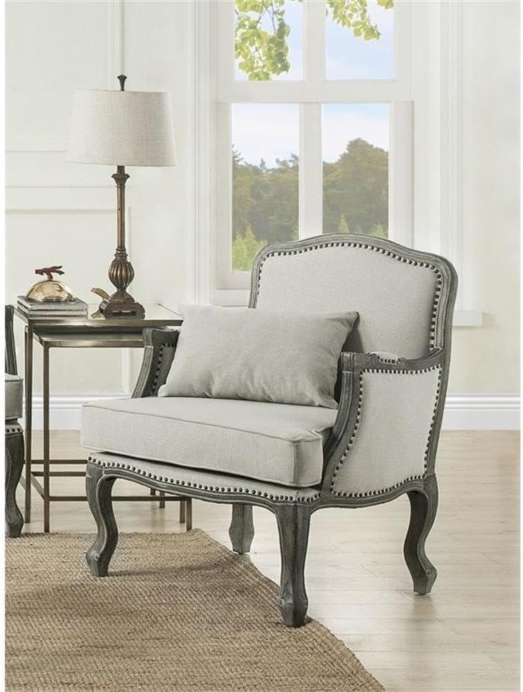 29" Tania Accent Chair Cream Linen Brown Finish - Acme Furniture: French Cabriole, Nailhead Trim, No Assembly Required