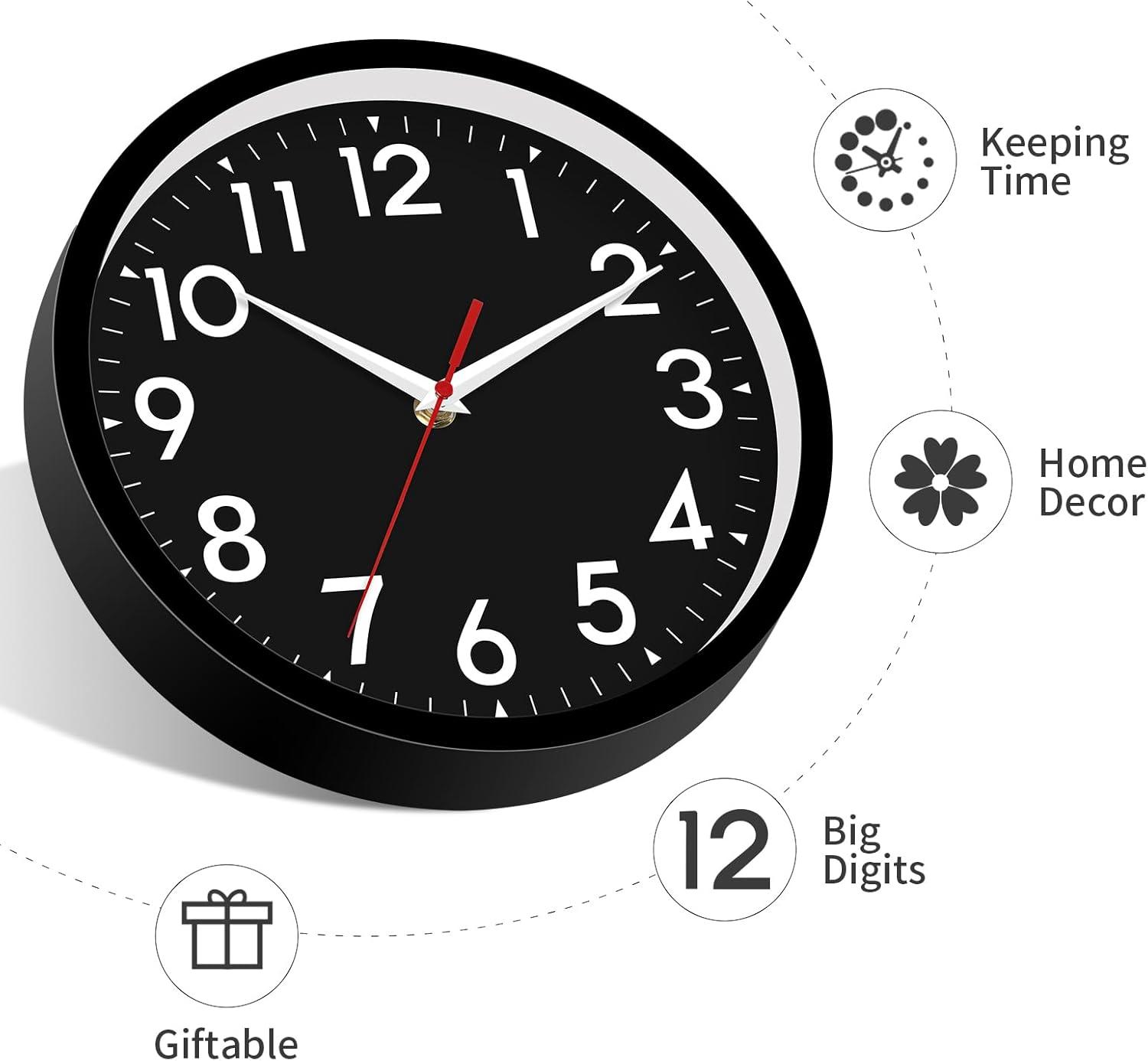 YEHOOM Wall Clock 10 Inch Silent Non-Ticking Modern Clocks Battery Operated - Analog Small Classic for Office, Home, Bathroom, Kitchen, Bedroom, School, Living Room(Black)