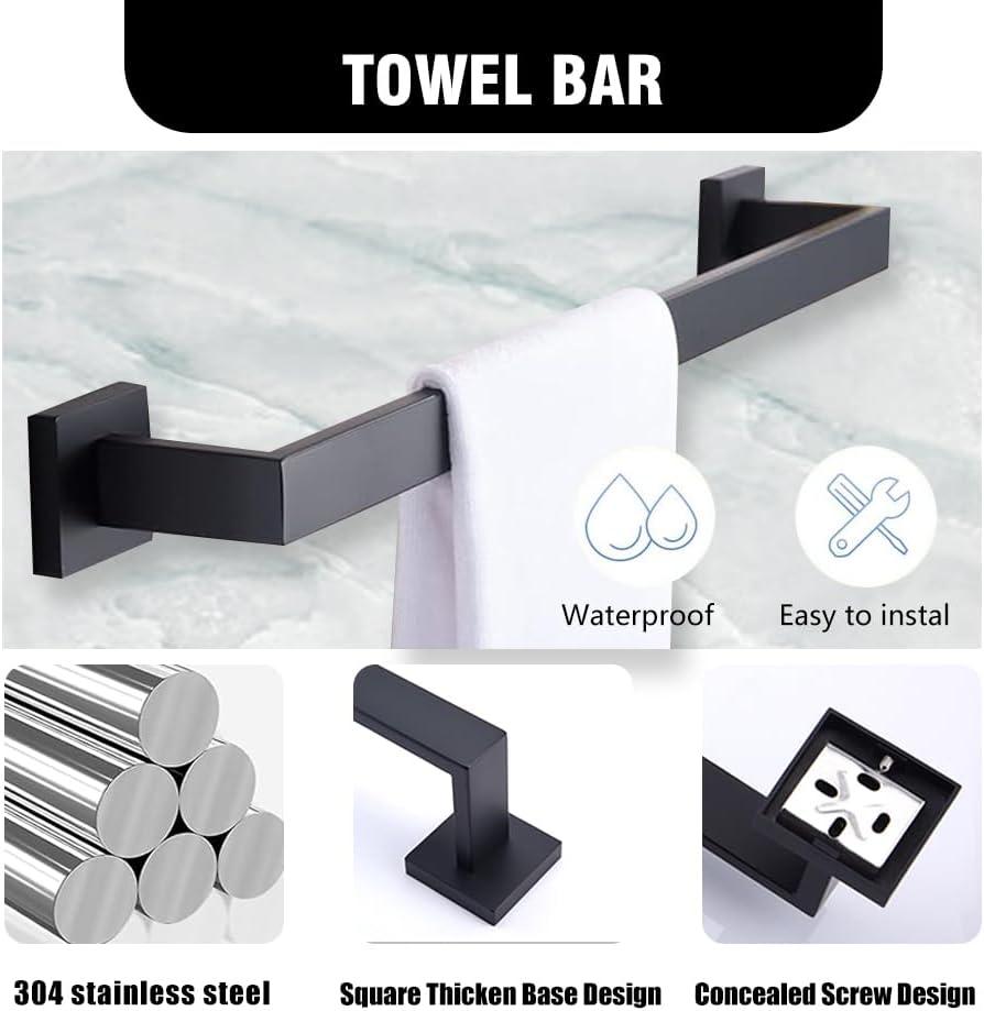 Matte Black Bathroom Hardware Set,5-Piece Towel Racks for Bathroom 23.6" Wall Mount Bathroom Accessories Include Towel Bar,Towel Rack Ring,Toilet Paper Holder,2*Robe Hook