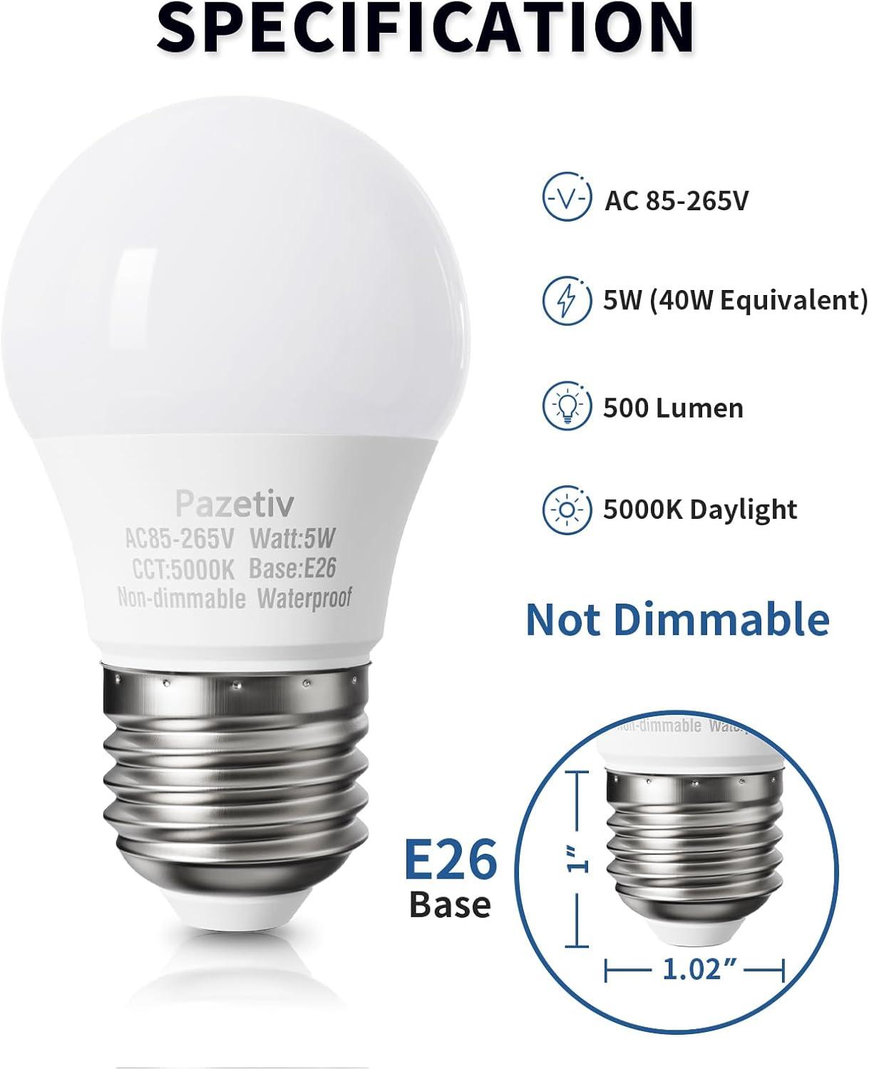 Waterproof LED Refrigerator Light Bulbs 40 watt Equivalent, 120V, Daylight 5000K, E26 Medium Base, Fridge Light Bulb, Freezer Bulb, A15 LED Appliance Bulb, Not Dimmable