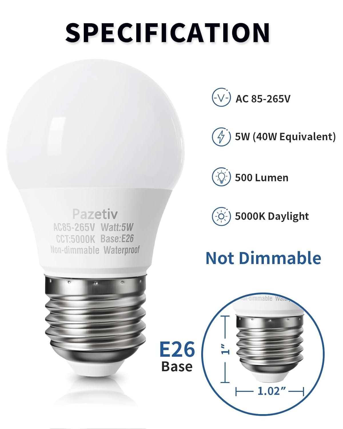 Waterproof LED Refrigerator Light Bulbs 40 watt Equivalent, 120V, Daylight 5000K, E26 Medium Base, Fridge Light Bulb, Freezer Bulb, A15 LED Appliance Bulb, Not Dimmable