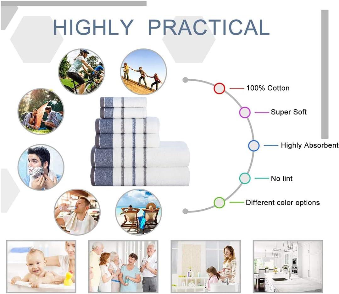 Casa Copenhagen White Bay, 6 Pieces Towel Set- White with Grey and Beige Border, 600 GSM, 2Bath, 2Hands, 2Washcloths Egyptian Cotton Towel for Hotel Spa Kitchen Bathroom Kitchen & Shower