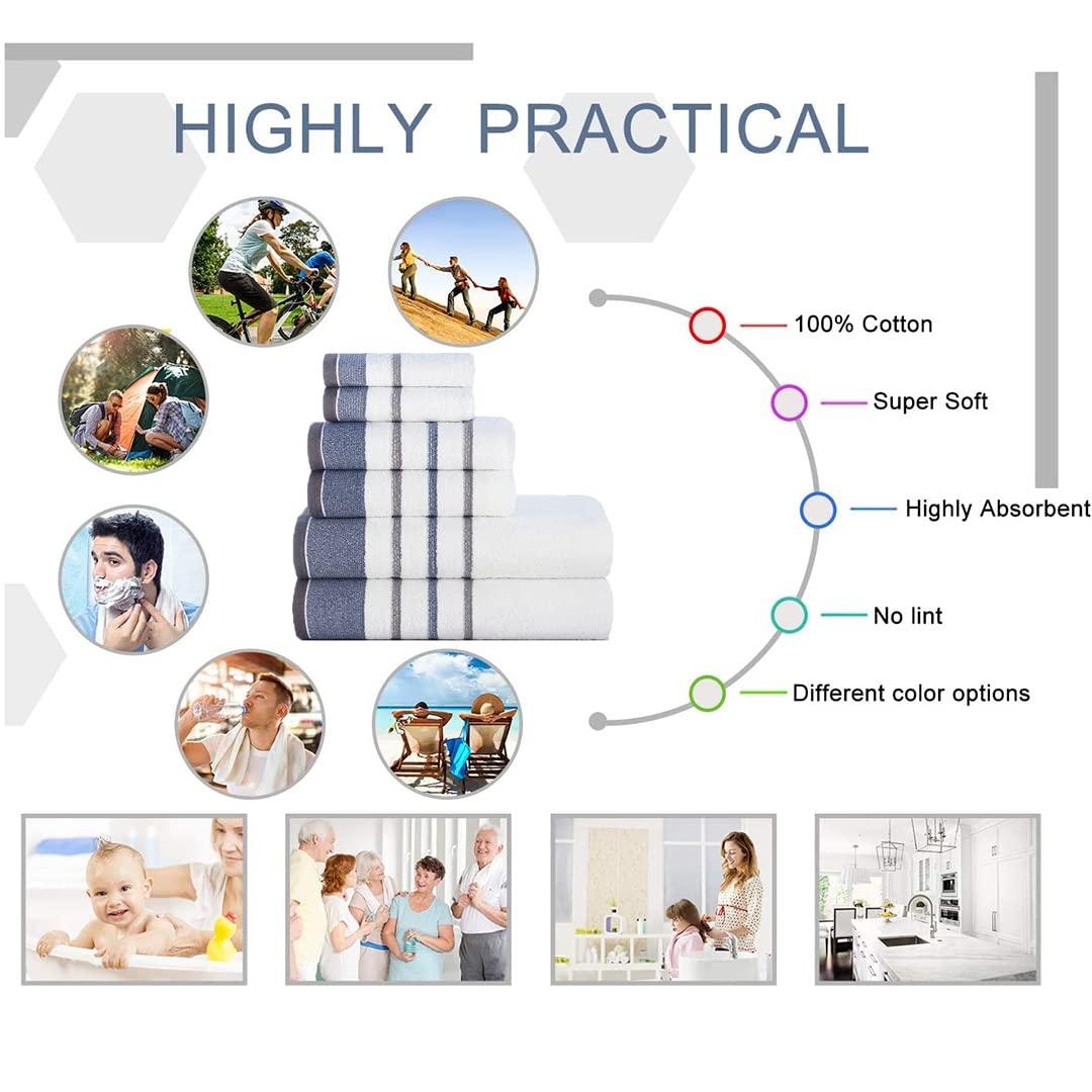 Casa Copenhagen White Bay, 6 Pieces Towel Set- White with Grey and Beige Border, 600 GSM, 2Bath, 2Hands, 2Washcloths Egyptian Cotton Towel for Hotel Spa Kitchen Bathroom Kitchen & Shower