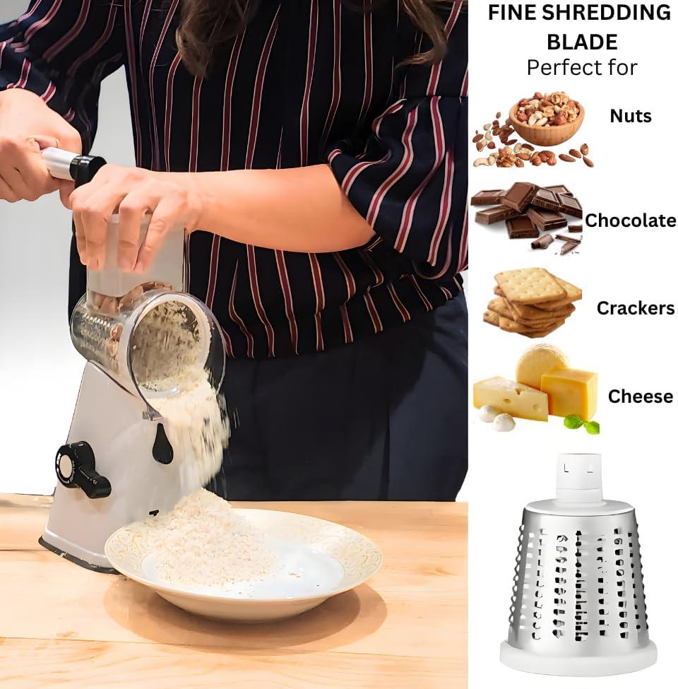 White and Black Multipurpose Rotary Cheese Grater with Stainless Steel Blades