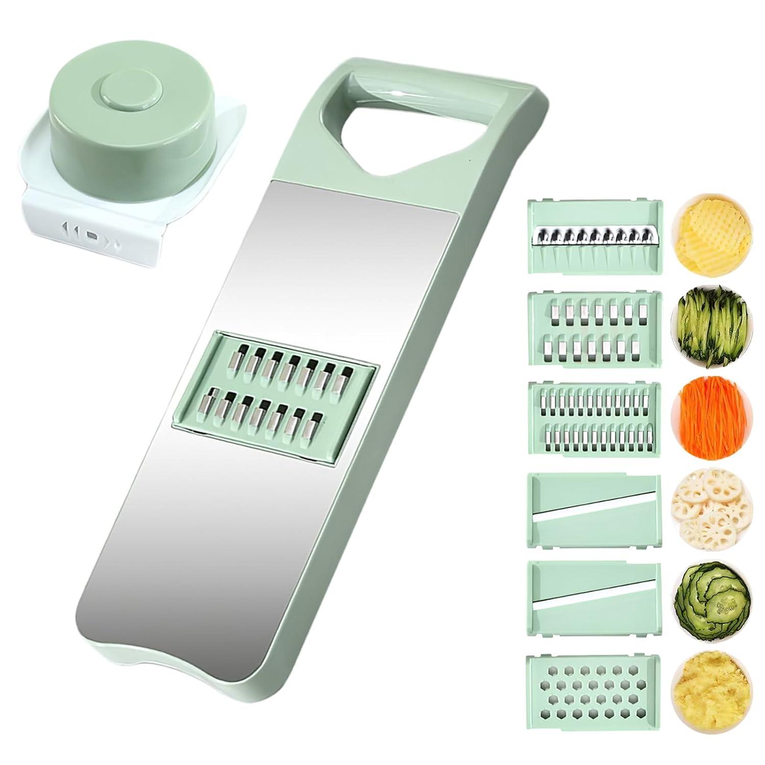 Vegetable Chopper, 7 in 1 Mandoline Food Slicer Cutter with Handheld Container, 6 Blades and Blade Box, Cheese Grater, Cucumber Slicer, Magnetic Kitchen Tools for Veggie Potato Onion Butter Carrot