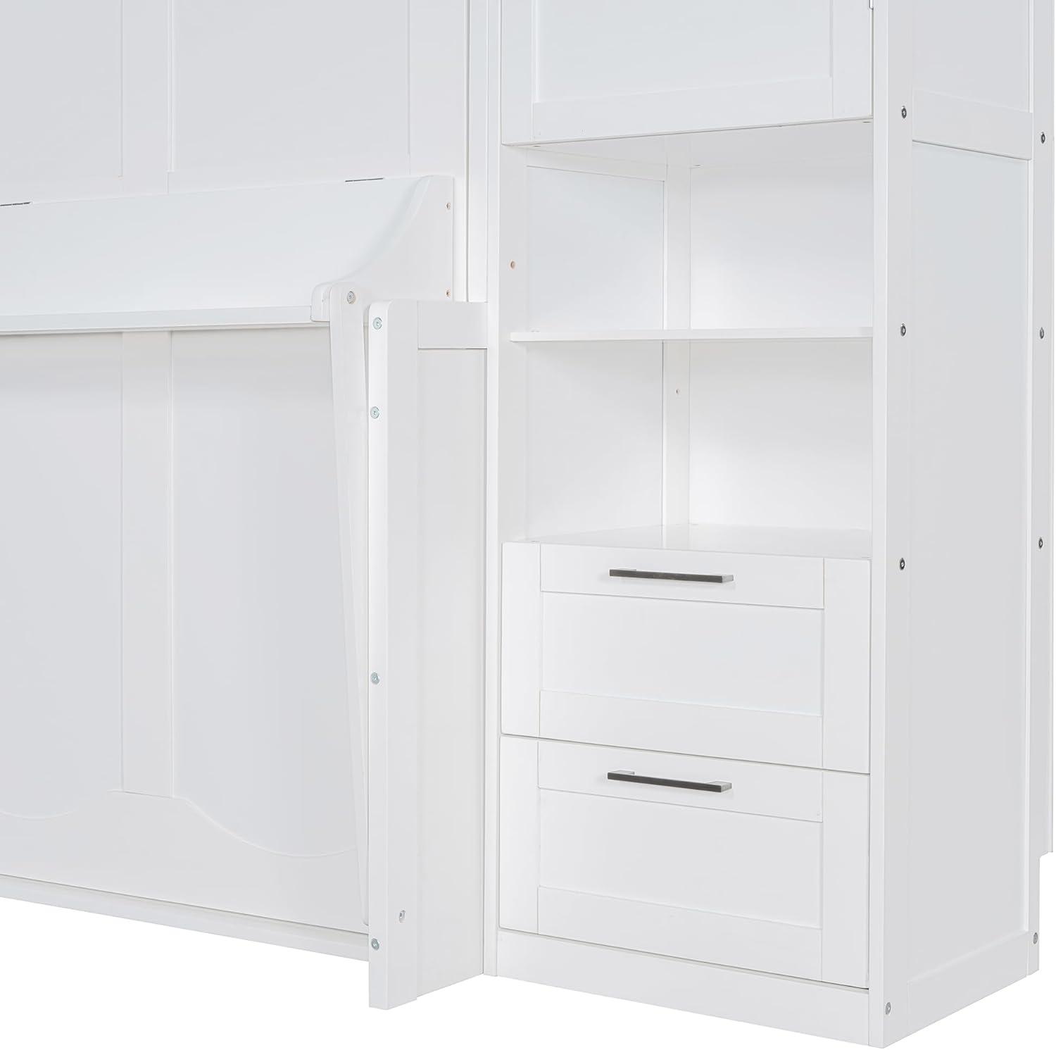 Harper & Bright Designs Queen Size Murphy Bed, Wooden Queen Wall Bed with Closet, Drawers and Shelves, White