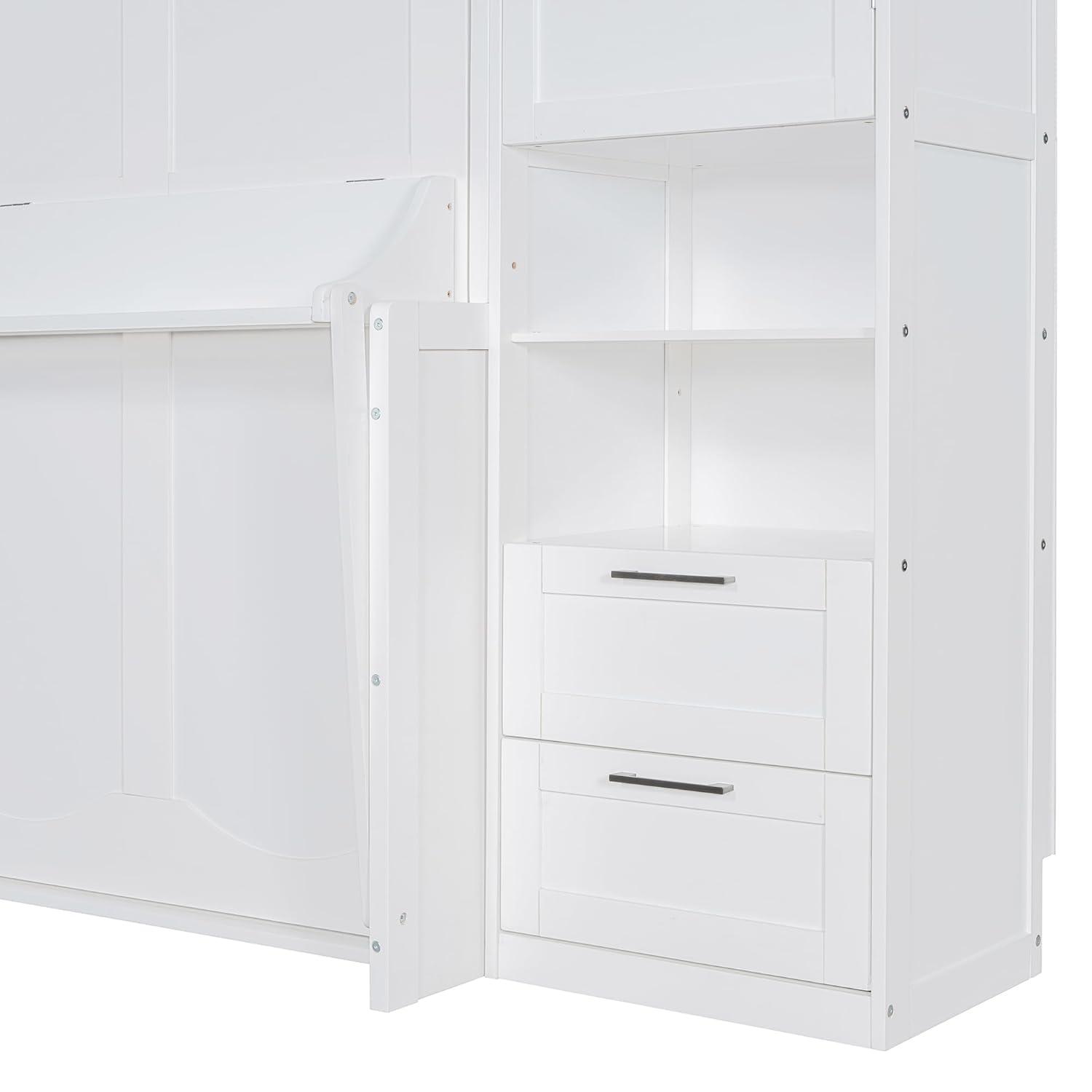 Harper & Bright Designs Queen Size Murphy Bed, Wooden Queen Wall Bed with Closet, Drawers and Shelves, White