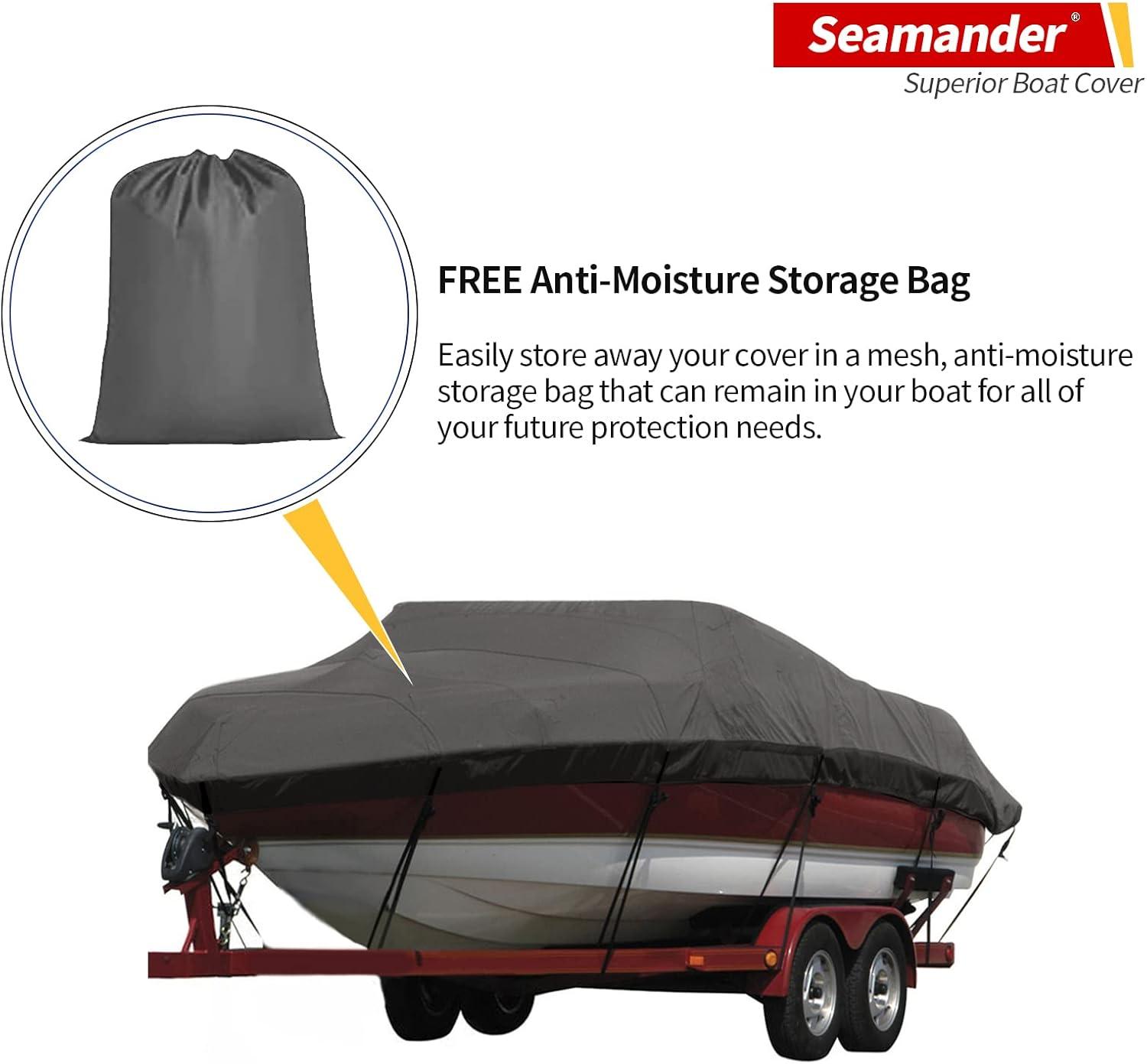 Seamander Solution Dye 600 Denier Heavy duty Waterproof Boat Cover, Fits boats 14'-16'L x 90"W, V-Hull Fishing Ski Boat Pro Bass Inboard Outboard Trailerable Boat Covers , Dark Gray