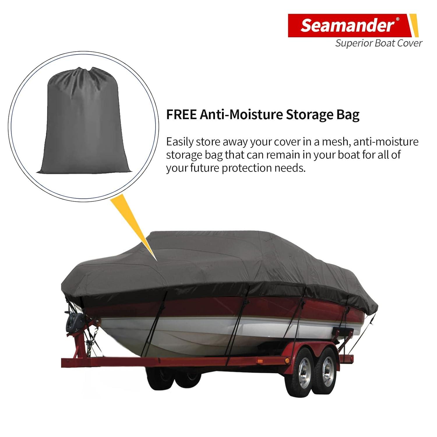 Seamander Solution Dye 600 Denier Heavy duty Waterproof Boat Cover, Fits boats 14'-16'L x 90"W, V-Hull Fishing Ski Boat Pro Bass Inboard Outboard Trailerable Boat Covers , Dark Gray