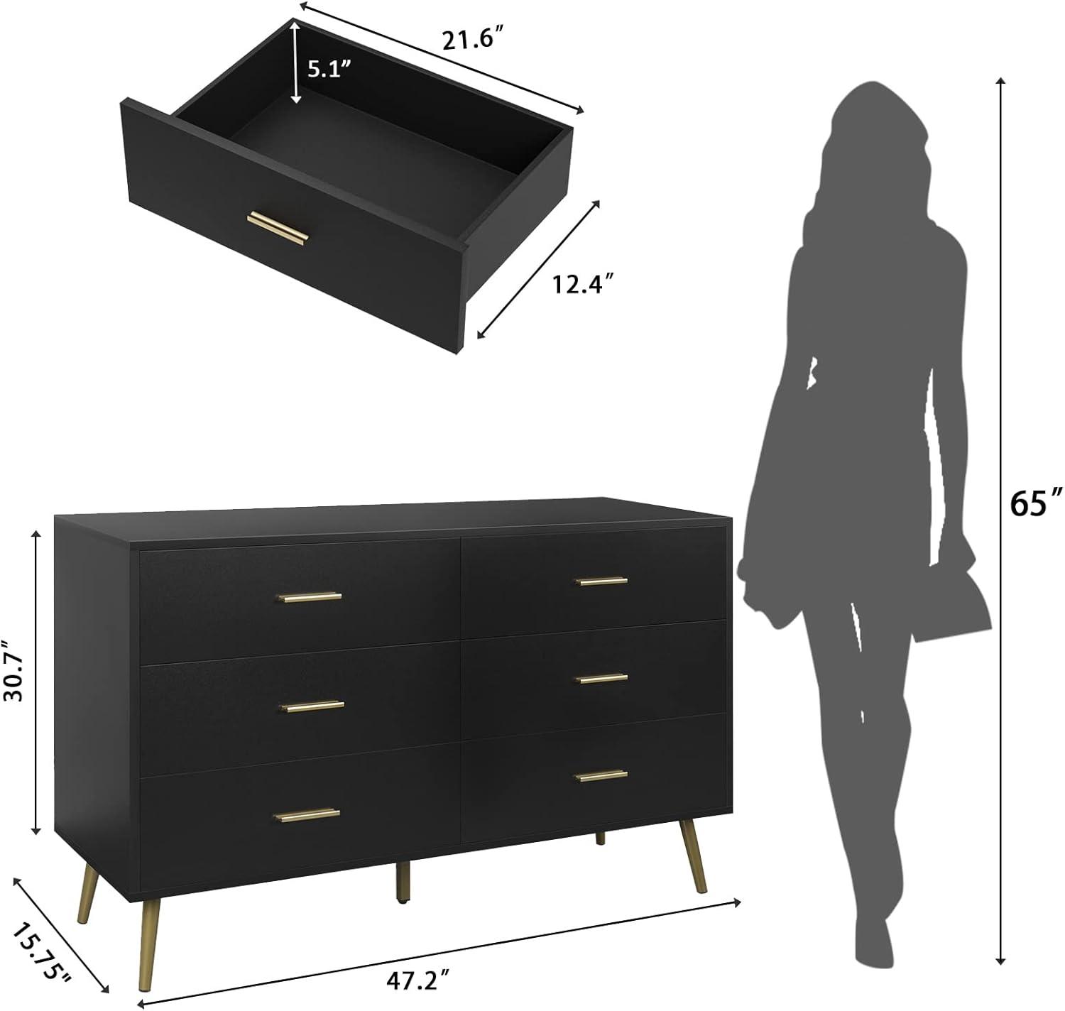 Black Modern 6-Drawer Dresser with Gold Handles