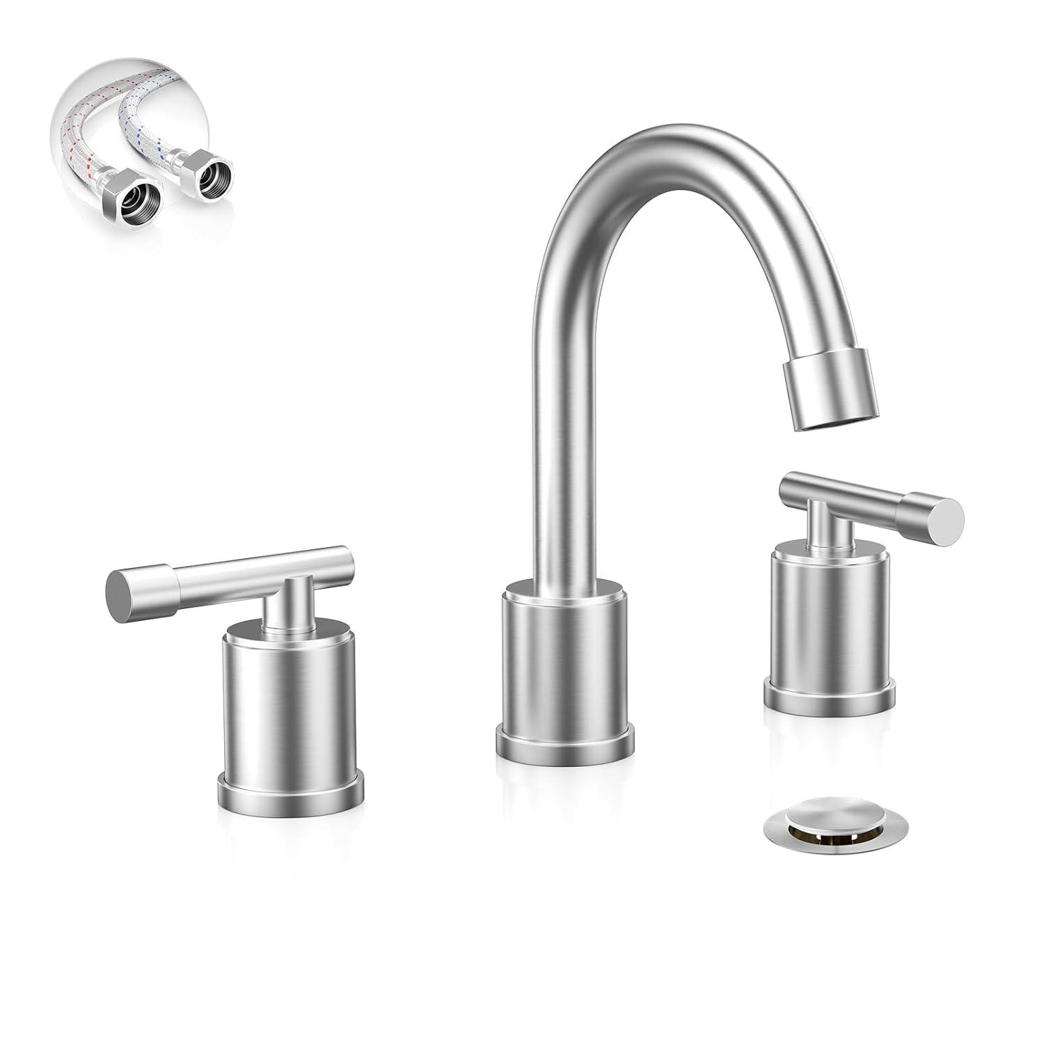Phiestina 8 Inch Brushed Nickel Bathroom Faucet，3 Holes 2 Handles Widespread Stainless Steel Bathroom Sink Faucet with Metal Pop-Up Drain and Water Supply Lines,WFZY01-BN