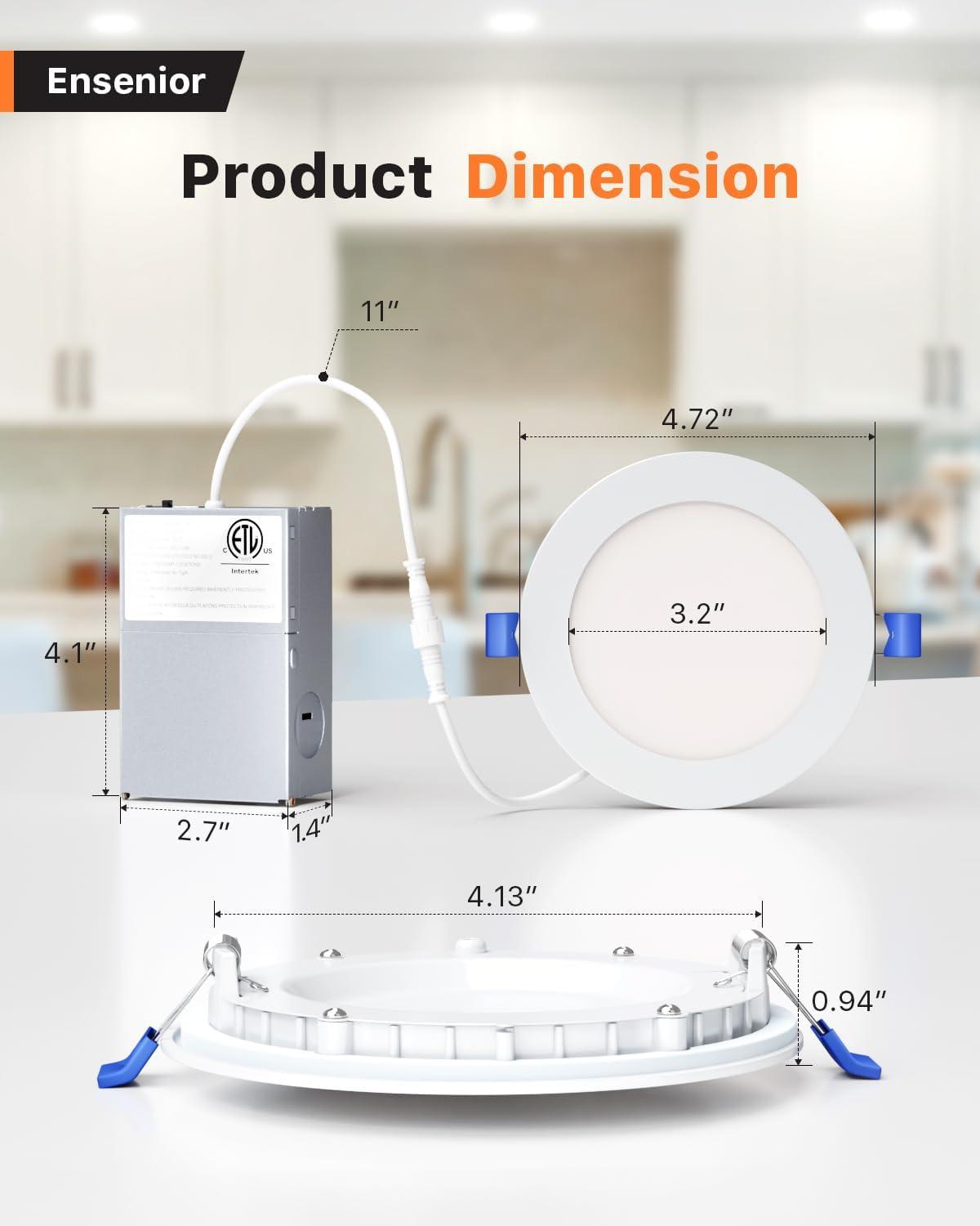 Ensenior 12 Pack 4 Inch Ultra-Thin LED Recessed Ceiling Light with Junction Box, 3000K/4000K/5000K Selectable, 9W 75W Eqv, Dimmable, 750LM High Brightness - ETL and Energy Star Certified 4 Inch 5000k/4000k/3000k - 3cct White