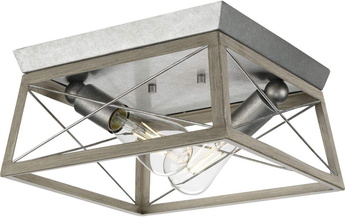 Progress Lighting Briarwood 2-Light Flush Mount, Galvanized Steel, Faux-Painted Wood Enclosure