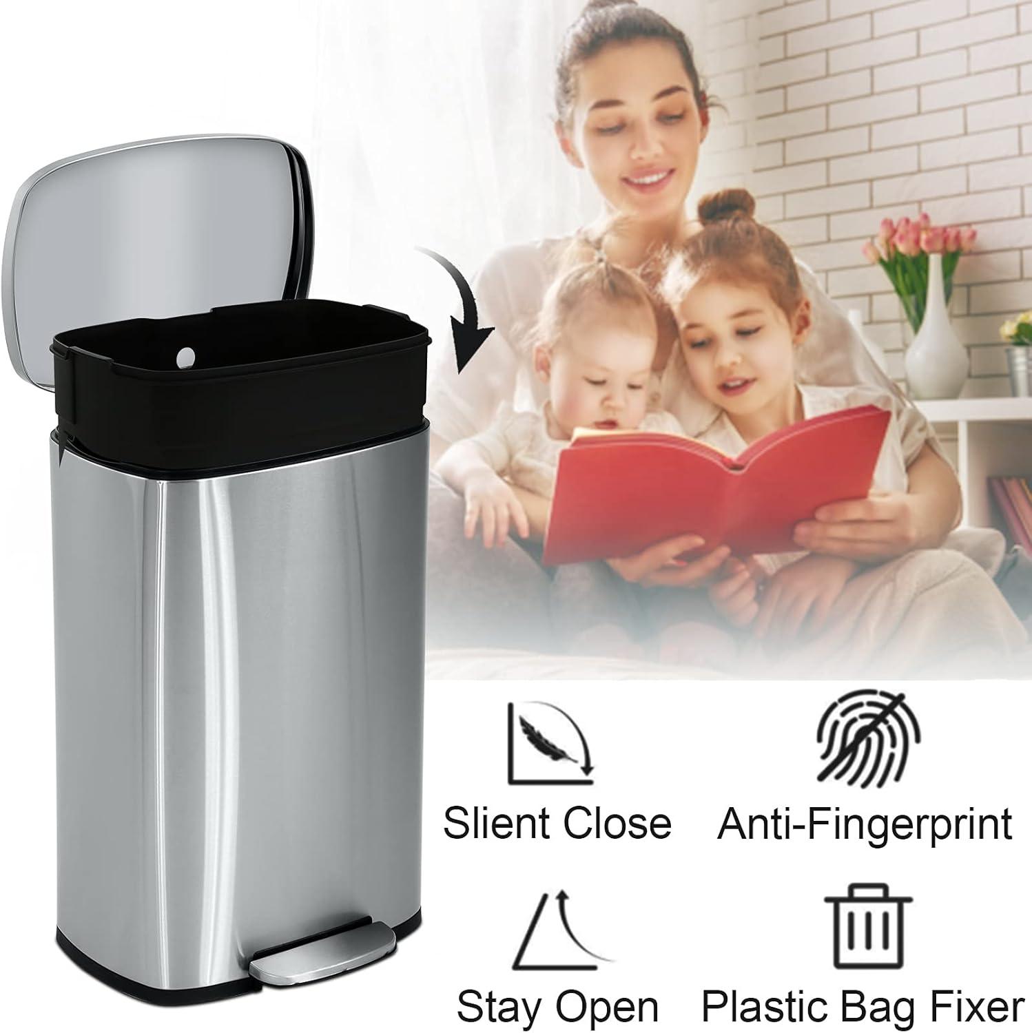 Rongfun 13 Gallon/50 L Garbage Can Kitchen Trash Can with Lid for Office Bedroom Bathroom Step Trash Bin Fingerprint-Proof Brushed Stainless Steel 13 Gallon / 50 Liter