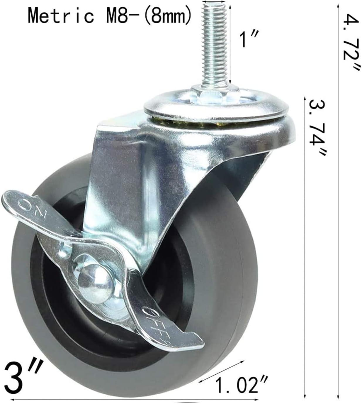 3 Inch Swivel Stem Caster Wheels with Brake, Steel and Rubber