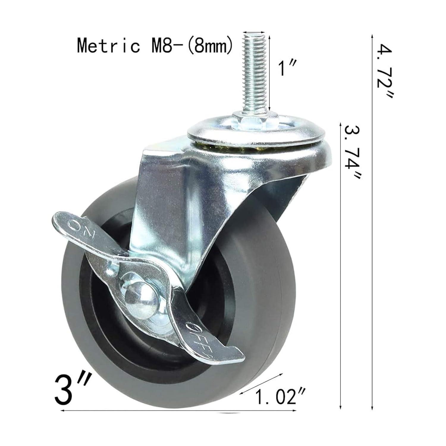 3 Inch Swivel Stem Caster Wheels with Brake Set of 4, M8-1.25 Threaded Stem Industrial Rubber Casters, Replacement for Furniture and Workbench……