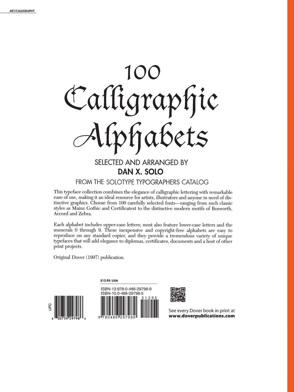 100 Calligraphic Alphabets - (Dover Pictorial Archives) by  Dan X Solo (Paperback)