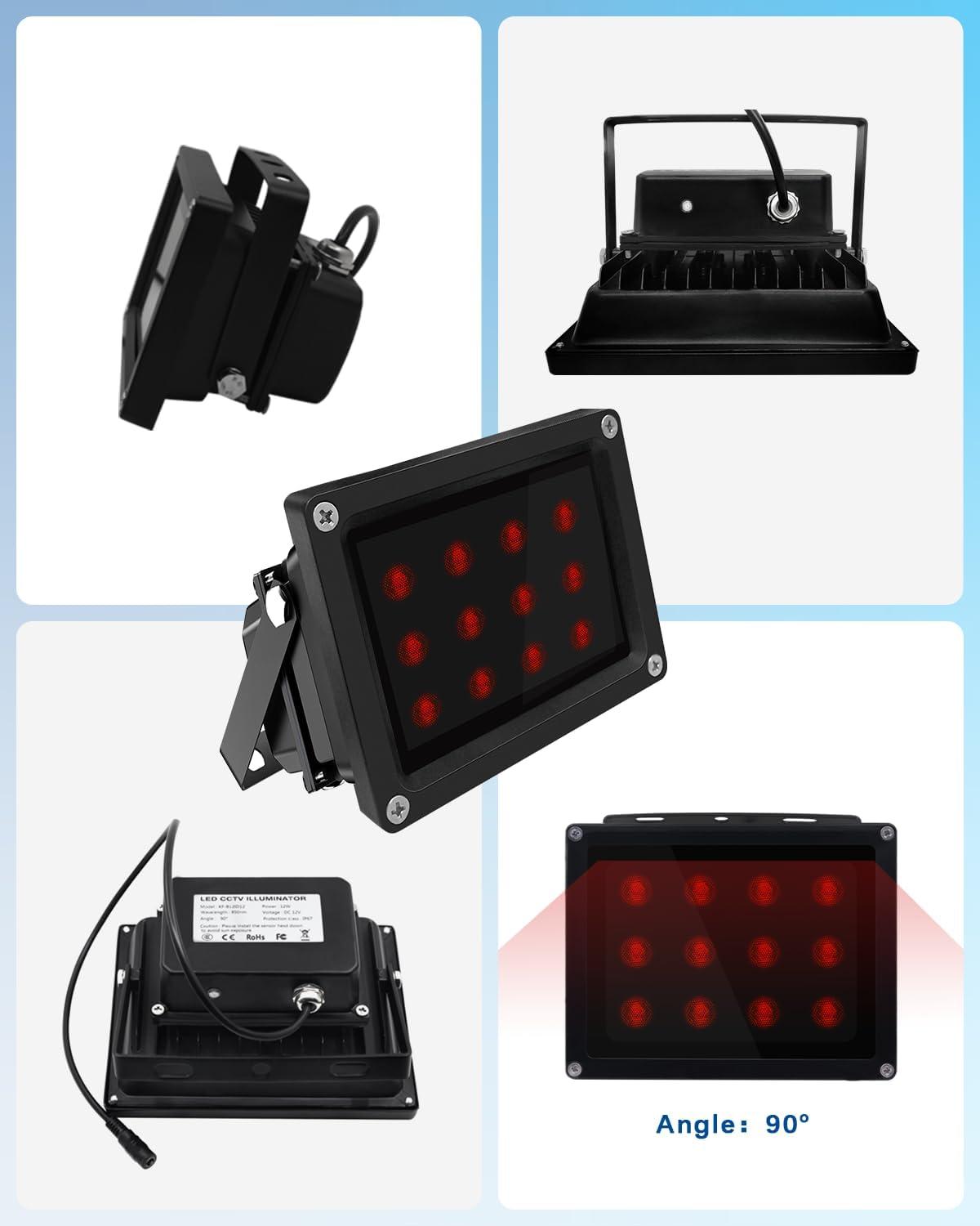 【12 LED Waterproof 】 IR Illuminator 90 Degree Wide Angle Long Range Infrared Light, 120ft 850nm IR Flood Lights with Power Adapter for Night Vision CCTV & IP Security Camera