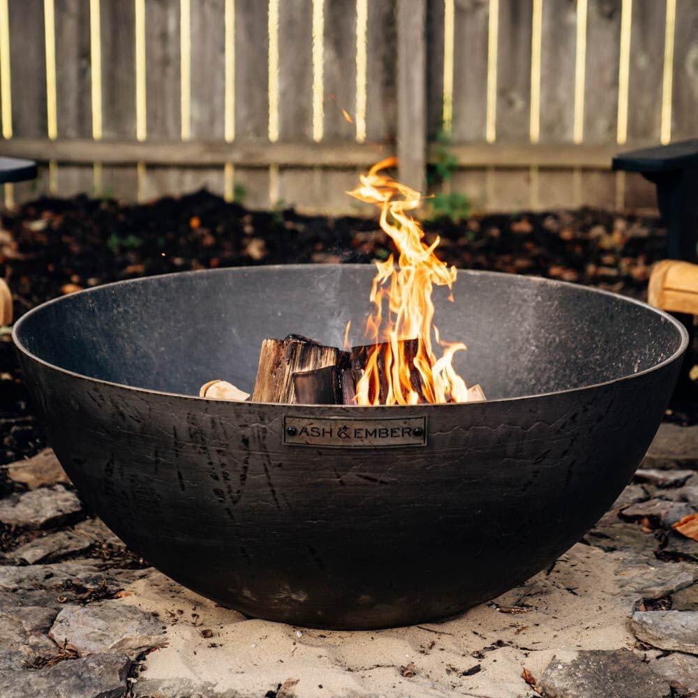 Ash & Ember 42" Hemisphere Fire Pit, Wood Burning Backyard Fireplace, Round Flat Flanged Base, Cast Iron Patina Fire Bowl, Portable Outdoor Firepit Ideal for Backyard Parties and Camping