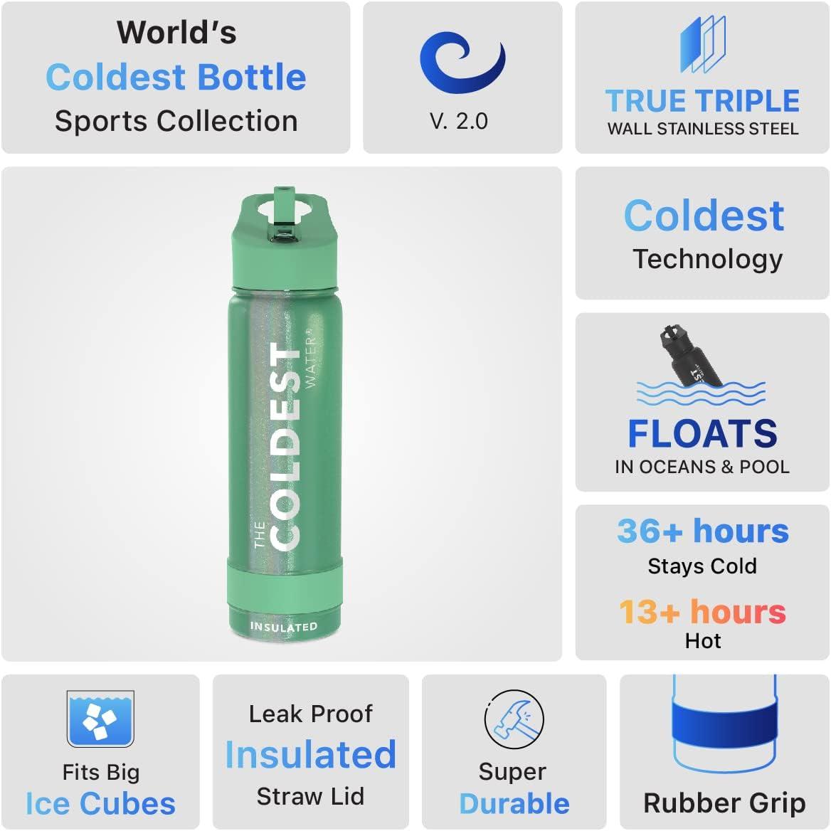 Coldest Sports Water Bottle with Straw Lid Vacuum Insulated Stainless Steel Bottles Reusable Leak Proof Flask for Sports (24 oz, Green Aurora Glitter)