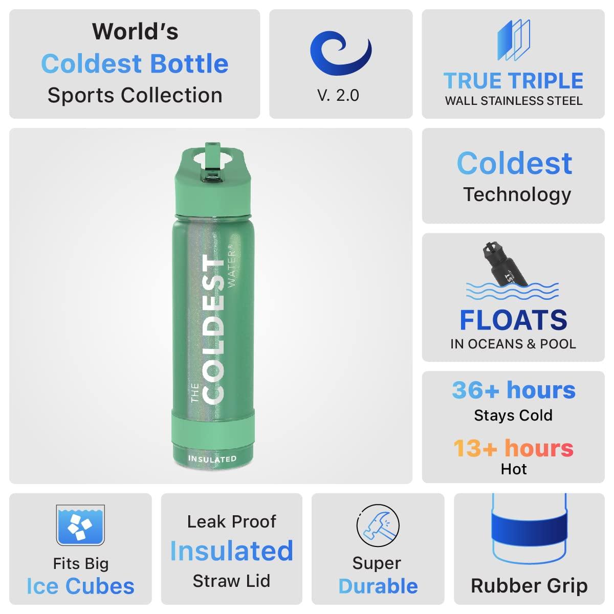 Coldest Sports Water Bottle with Straw Lid Vacuum Insulated Stainless Steel Bottles Reusable Leak Proof Flask for Sports (24 oz, Green Aurora Glitter)