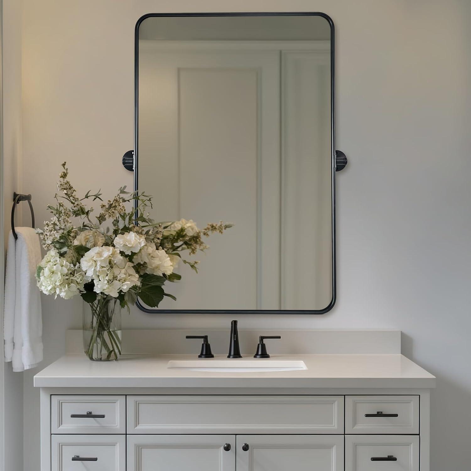 Hamilton Hills Black Metal Surrounded Round Pivot Mirror Silver Backed