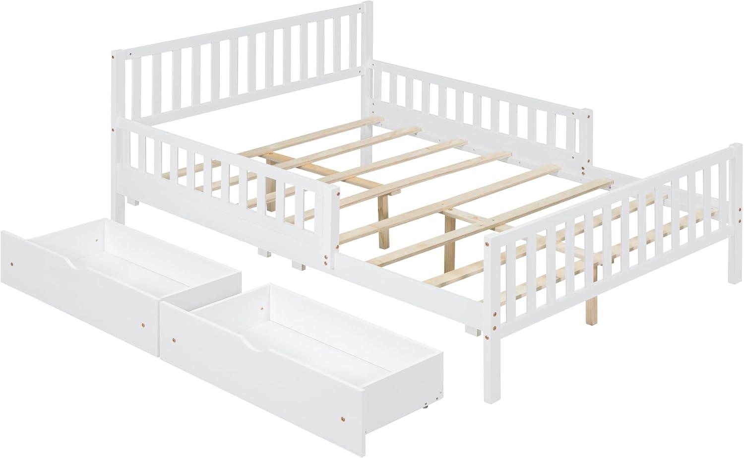 Kids Full Bed with Guardrails, Low Platform Bed with Headboard and Footboard, White Children Bed Frame with 2 Drawers for Boy Girl
