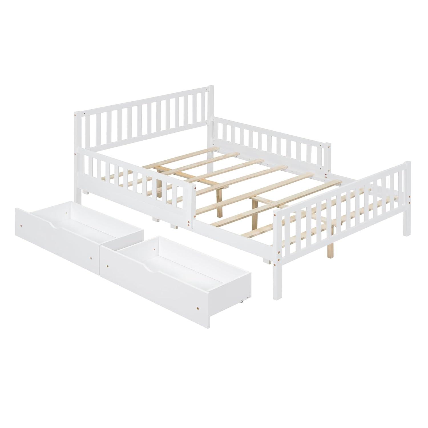 Kids Full Bed with Guardrails, Low Platform Bed with Headboard and Footboard, White Children Bed Frame with 2 Drawers for Boy Girl