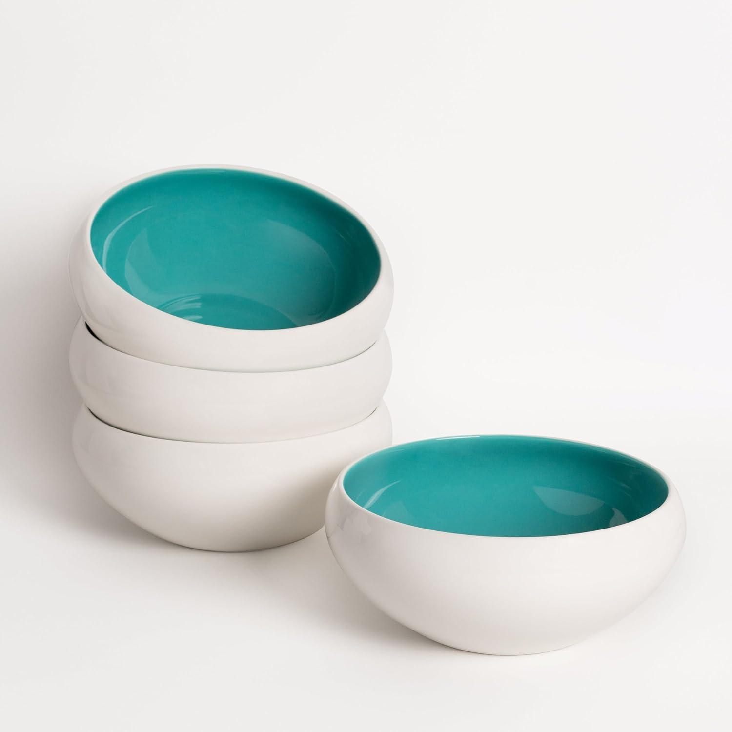 Porcelain Salad Bowls 7.2 x 3 in. Set Of 4 - Serving Bowl for Soup, Dessert, Ice Cream. Stackable Bowls for Oatmeal - Microwave, Oven, and Dishwasher Safe, Scratch Resistant 37 oz (Turquoise)