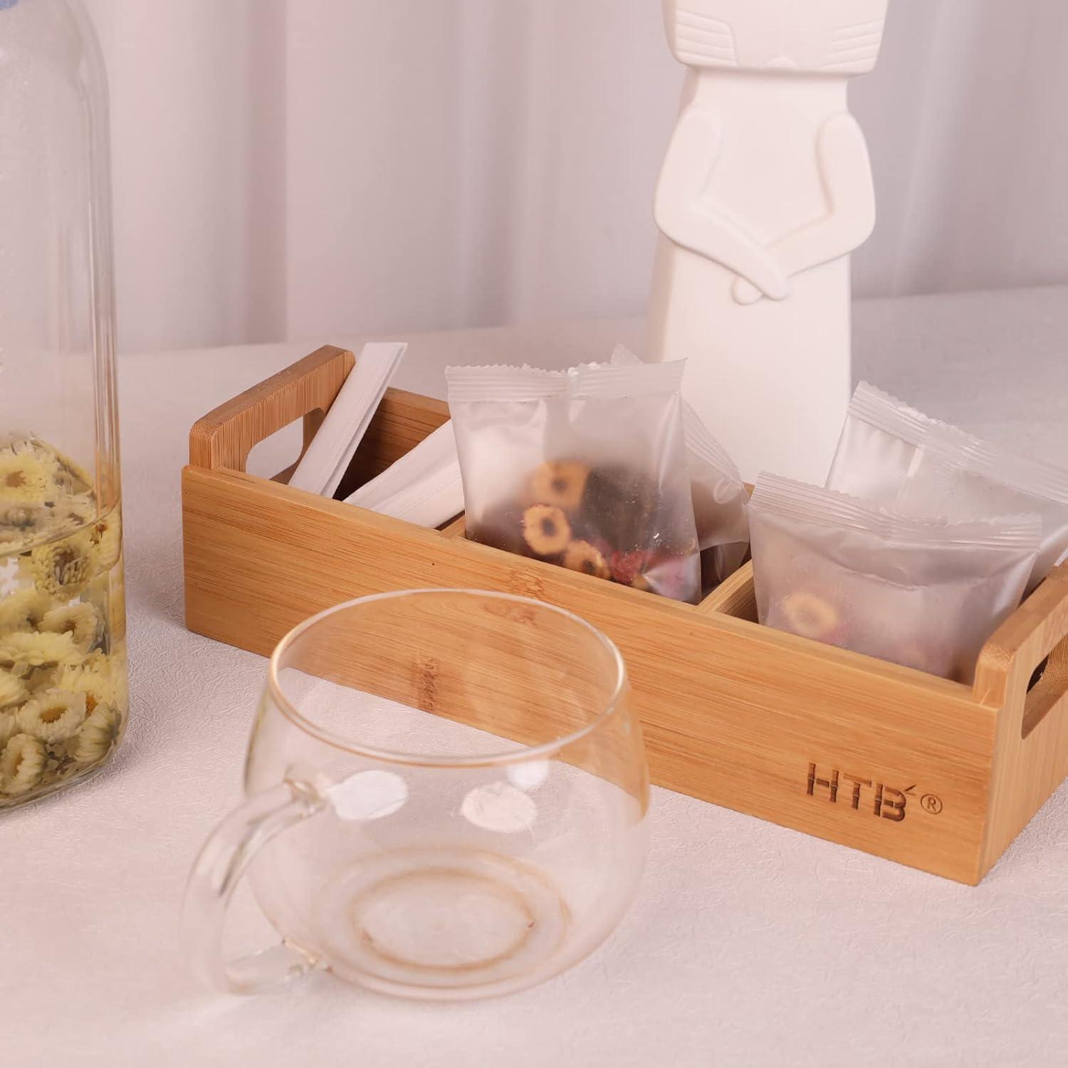 HTB Small Tea Bag Holder Pack of 2, Bamboo Tea Organizer 3 Compartments for Beverage Suppliers, Sweeteners, Individual Packets, Portable Tea Bag Organizer for Home Kitchen Counter or Office