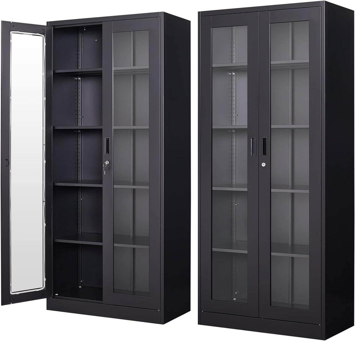 Glass Display Case, Curio Cabinets with Glass Doors, 71" Metal Tall Display Cabinet with Glass Doors and 4 Adjustable Shelves, Black Bookcase Locking Glass Cabinet for Home, Office, Kitchen