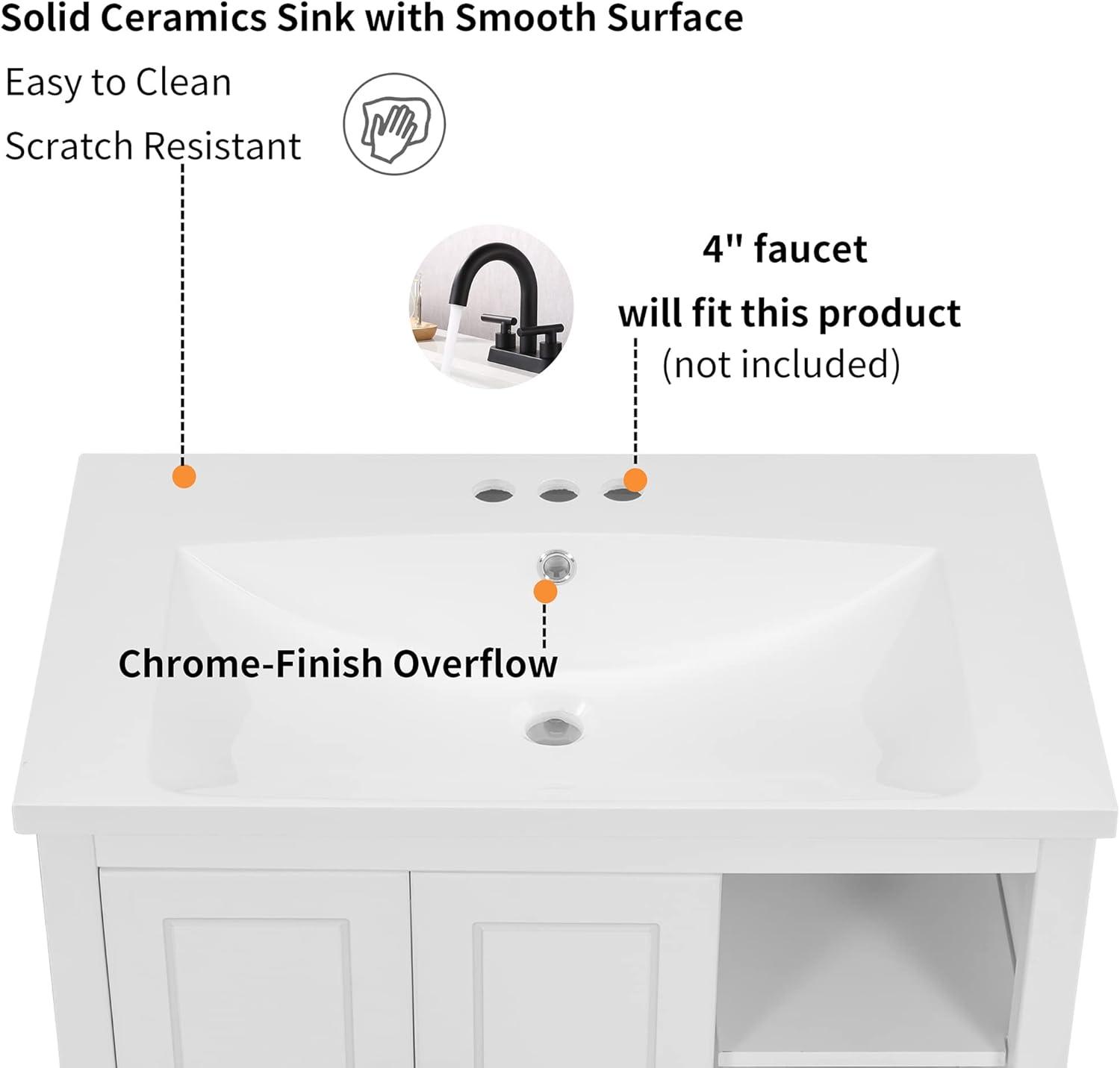 White 30" Freestanding Bathroom Vanity with Ceramic Sink and Storage