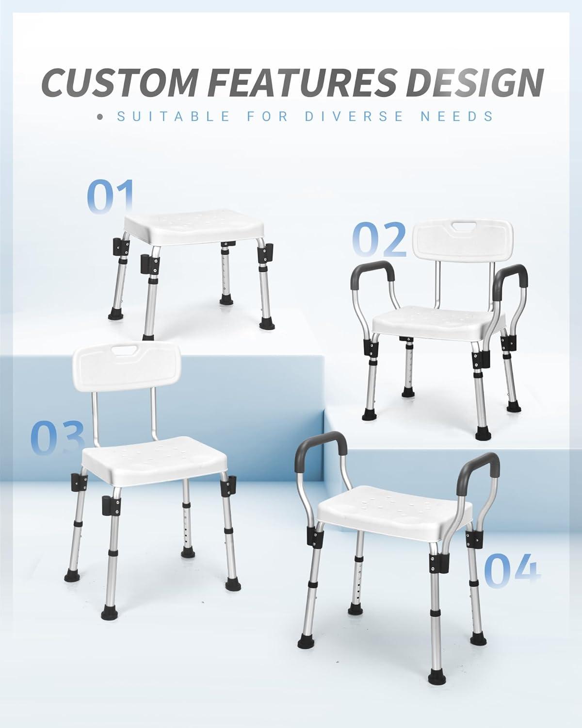 Sangohe Shower Chair for Inside Shower - Heavy Duty Shower Seat with Back - Height Adjustable Shower Chair for Bathtub with Arms for Handicap - FSA/HSA Eligible Shower Seats for Elderly, 796C