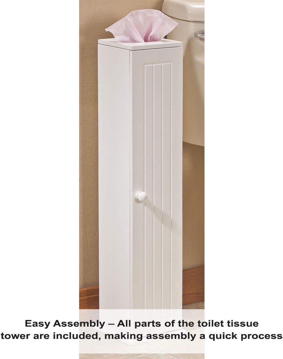 OakRidge Miles Kimball White Compact Toilet Tissue Storage Tower with 4 Shelves, 5.5" W x 27" H x 6.75" L – Holds Toilet Paper Rolls Up to 4.25" Diameter, Top Slot Provides Access to Facial Tissues