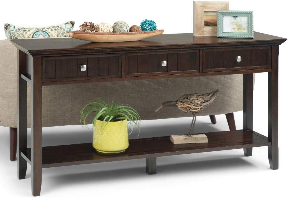 Simpli Home Acadian 60"W Solid Wood Wide Storage Console Table in Brunette Brown with Three Drawers and Open Shelf