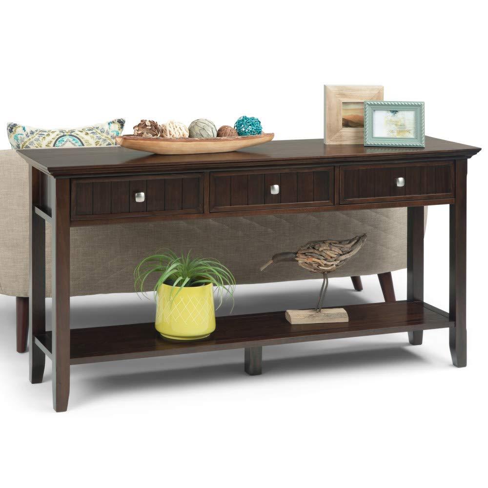 Simpli Home Acadian 60"W Solid Wood Wide Storage Console Table in Brunette Brown with Three Drawers and Open Shelf