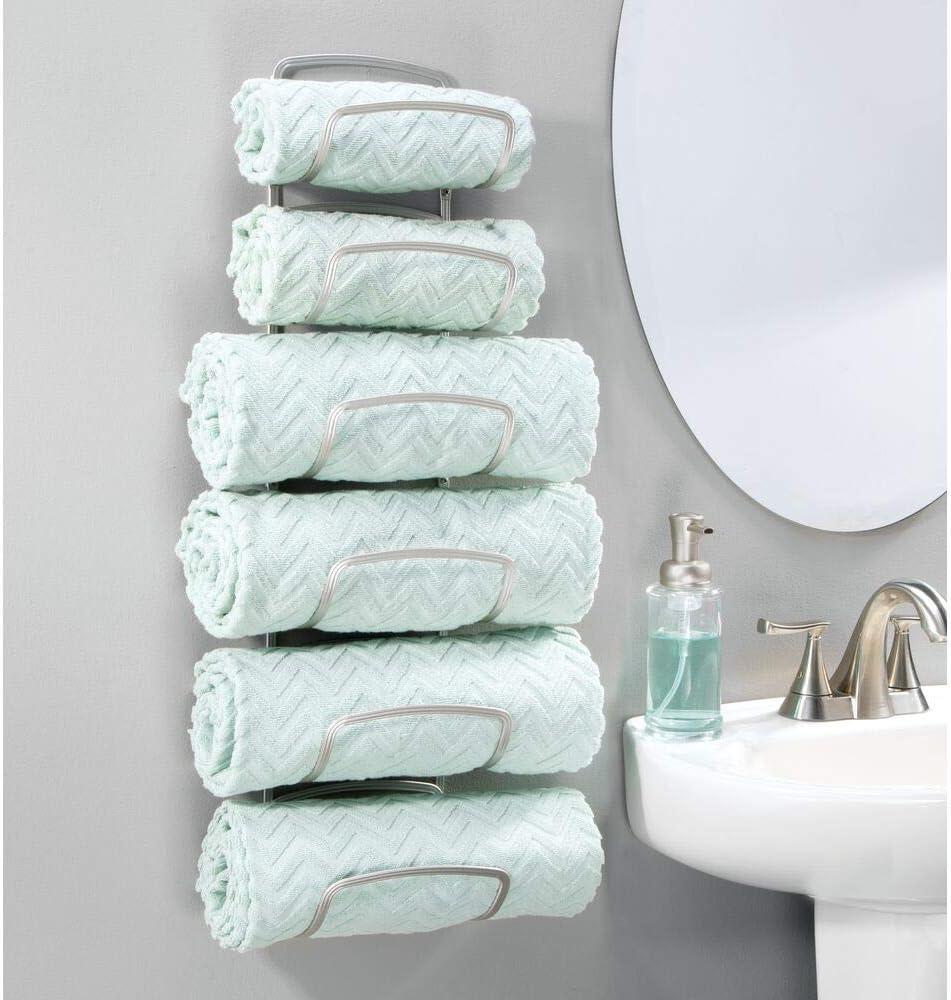 mDesign Steel Towel Holder for Bathroom Wall - Wall Mounted Organizer - Satin