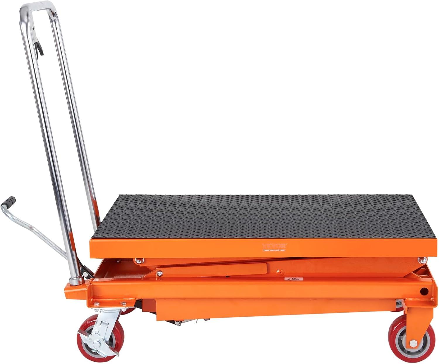 VEVOR Orange Hydraulic Lift Table Cart with Non-Slip Pad