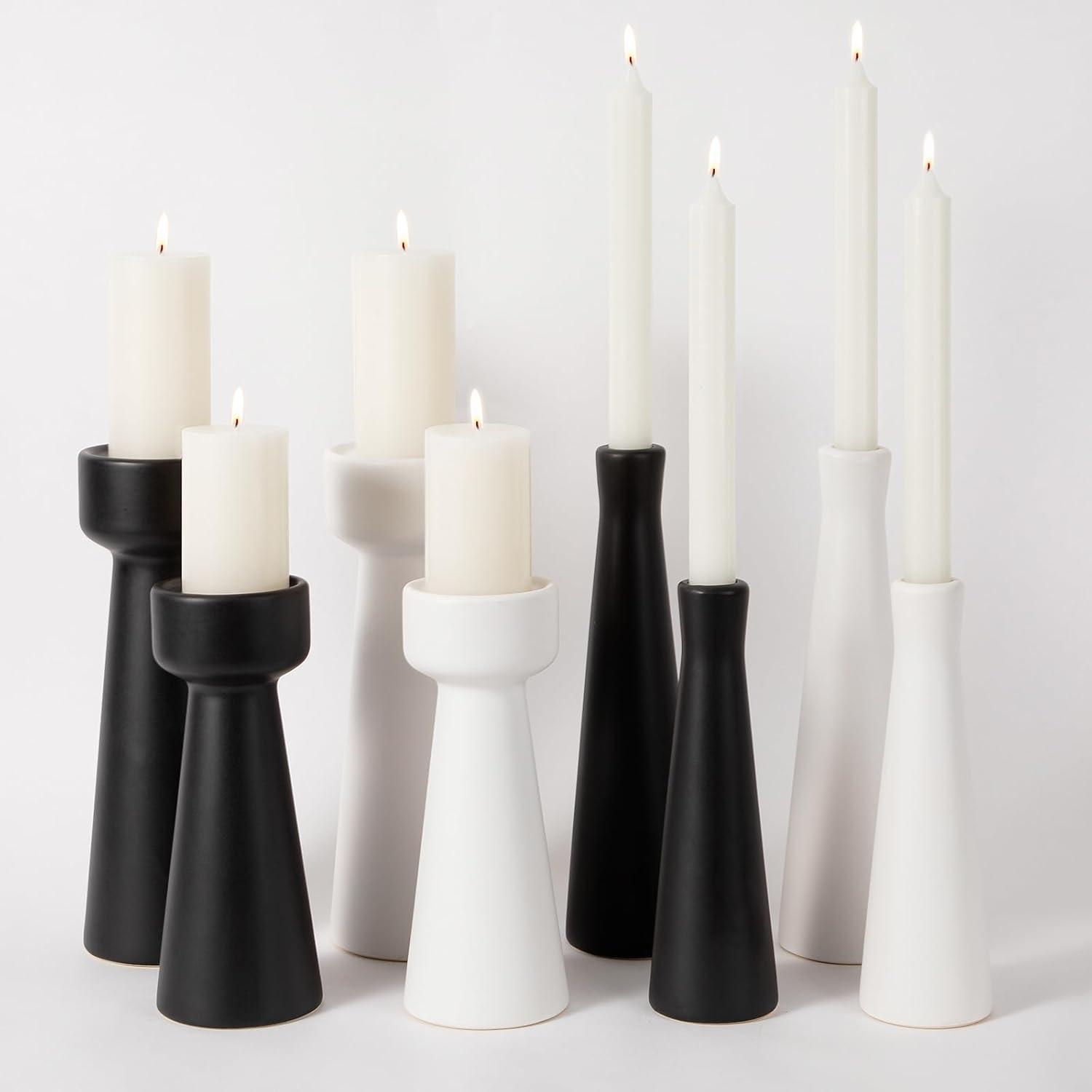Hokku Designs Candle Holders Ceramic White Taper S&L Set Of 2 Matte Stylish Decorative Candlestick Holders