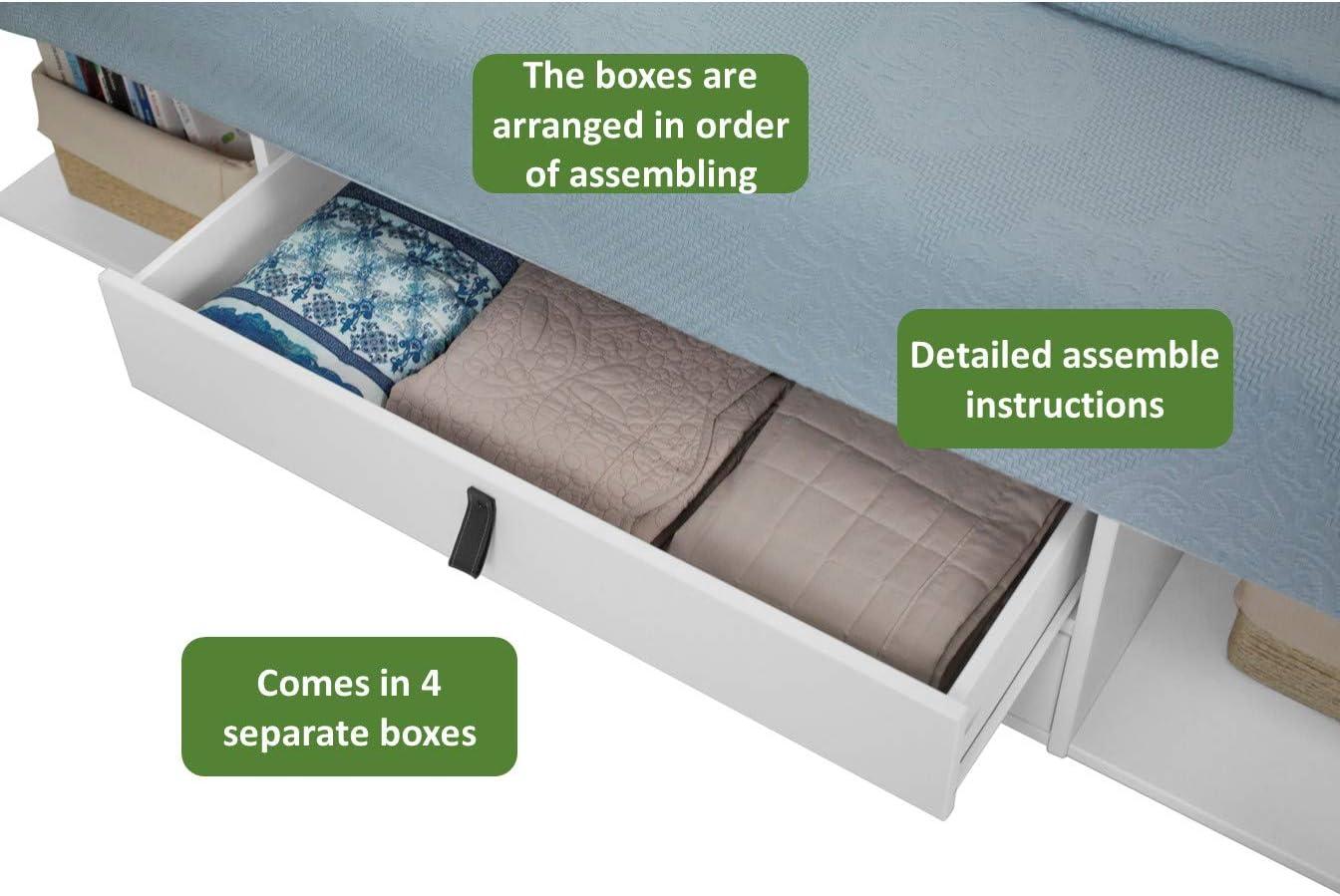 Memomad Bali Storage Platform Sturdy Bed Frame with Drawers & More (Queen Size, White Wood)