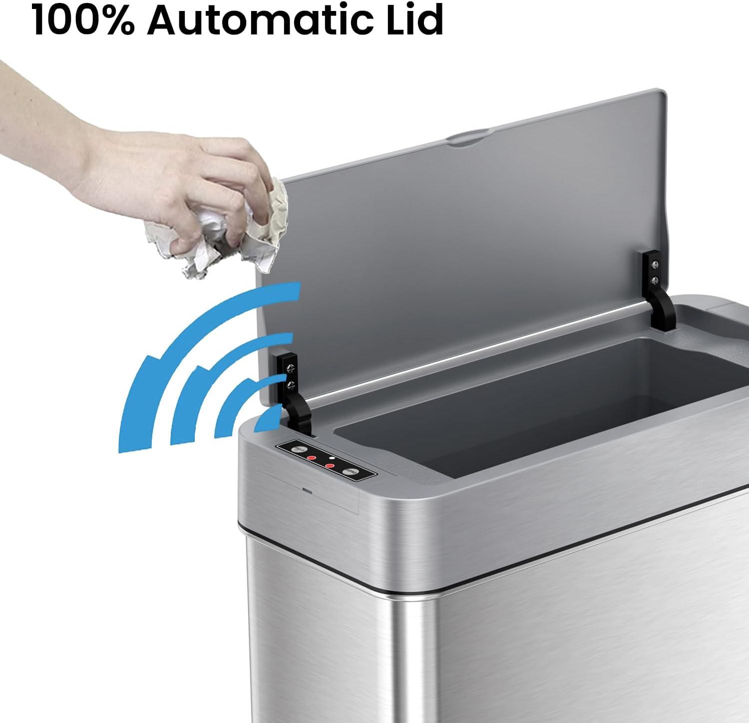 iTouchless Bathroom Sensor Trash Can with AbsorbX Odor Filter Left Side Lid Open Rectangular 4 Gallon Silver Stainless Steel