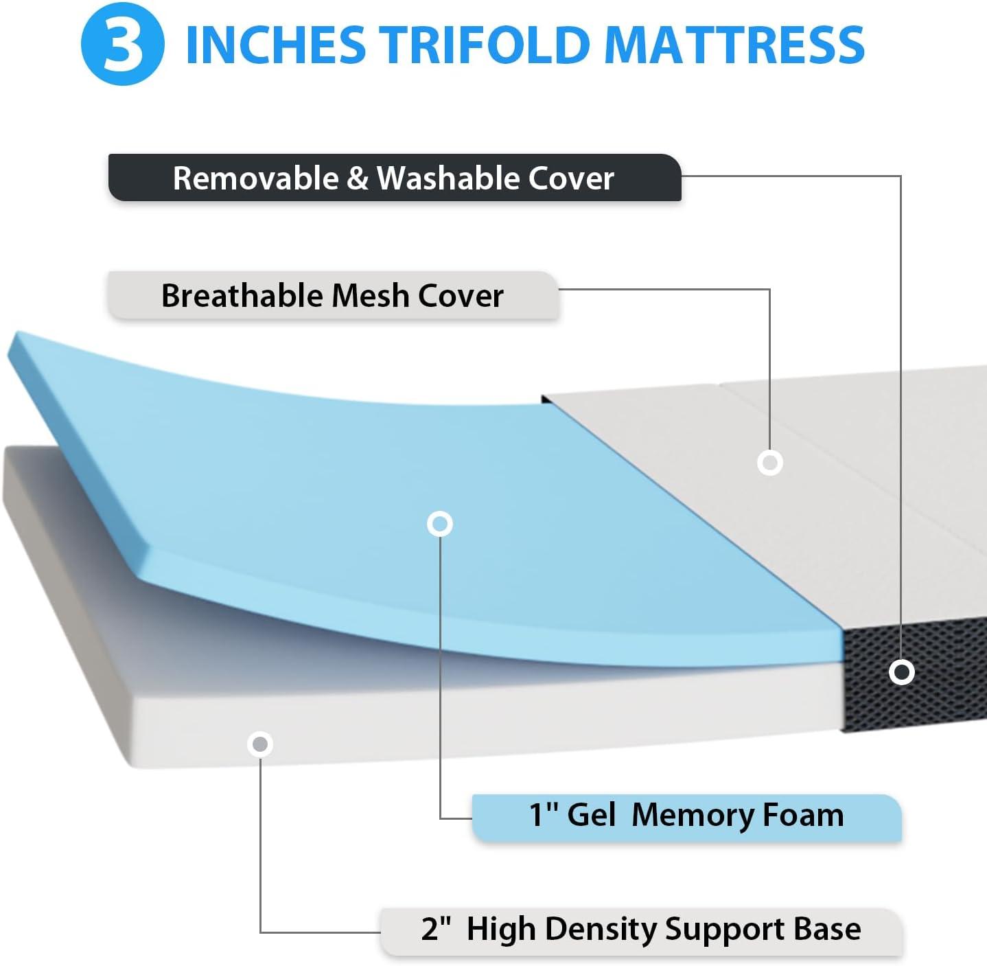 Twin 3-Inch White and Black Memory Foam Folding Mattress