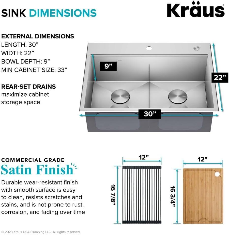 KRAUS Kore™ 30" L Drop-In Workstation 16 Gauge Stainless Steel Double Bowl Kitchen Sink with Accessories