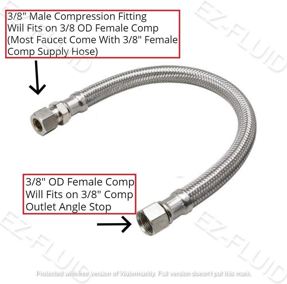 EZ-Fluid Plumbing 20" x 3/8" Male Compression To 3/8-Inch Female Comp. Stainless Steel Braided Faucet Connector Line Extension, Faucet Extension Supply Hose Connector Lines, Fits Most Faucet